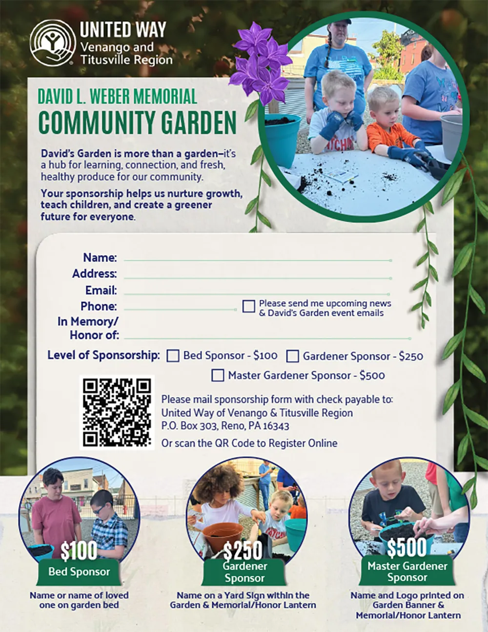 David's Garden Sponsor Sheet